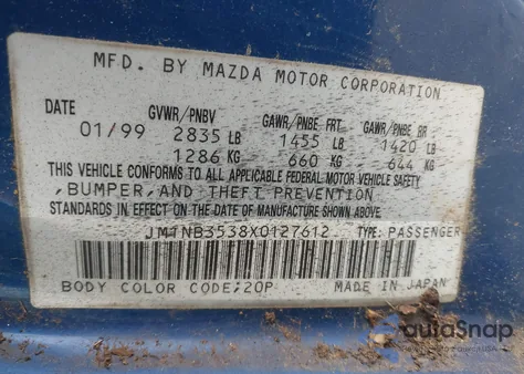 1999 Mazda Mx-5 Miata Leather Pkg/Popular Equipment Pkg/Sports Pkg/Touring Pkg z USA, uszkodzony, nr VIN JM1NB3538X0127612